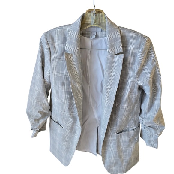H&M Plaid Blazer Ruched Sleeve Open Front Women Size 6 Gray White - Picture 6 of 6